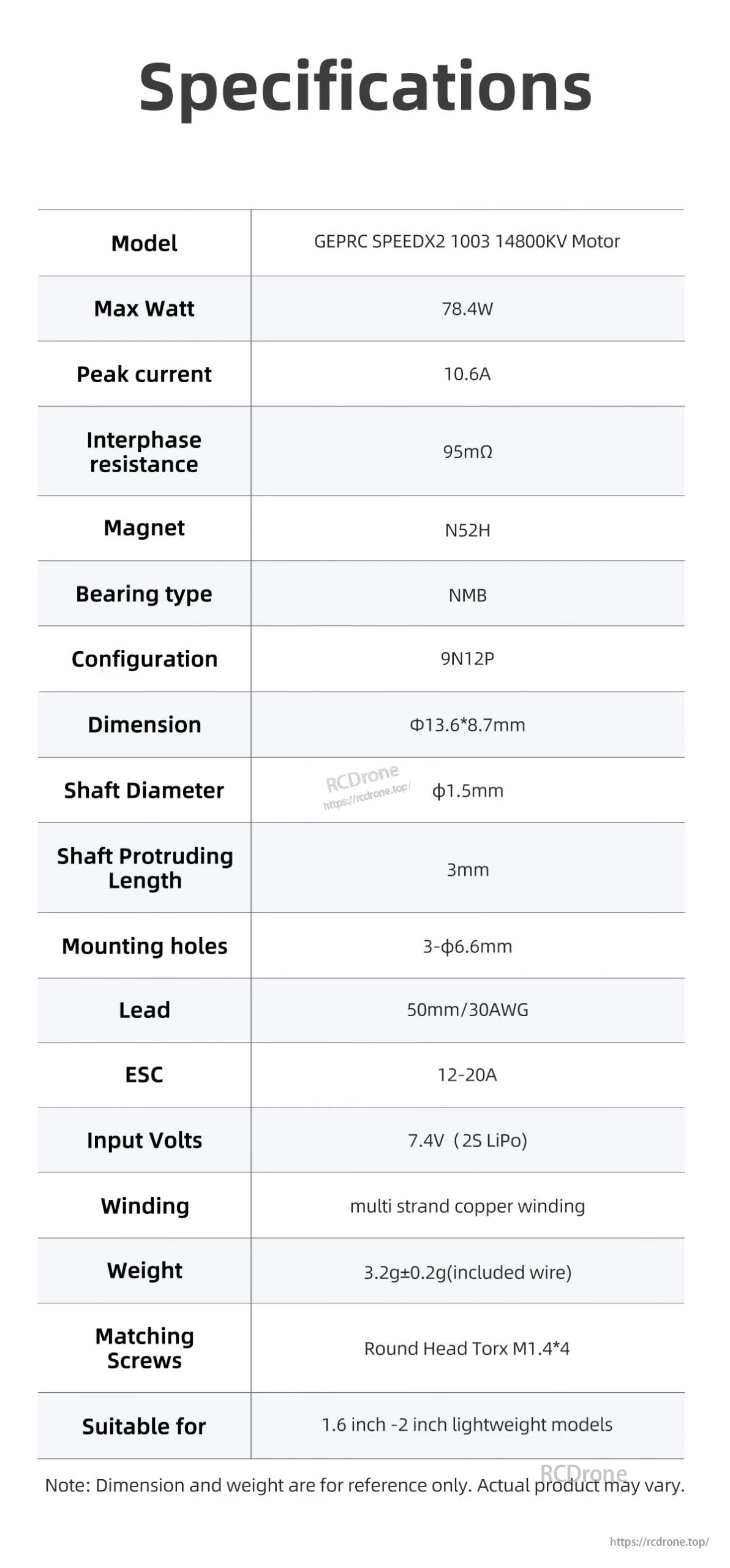 GEPRC SPEEDX2 1003 14800KV Brushless Motor, GEPRC SPEEDX2 1003 motor: 78.4W, 14800KV, 3.2g, ideal for 1.6–2" FPV drones; includes ESC compatibility and mounting info.