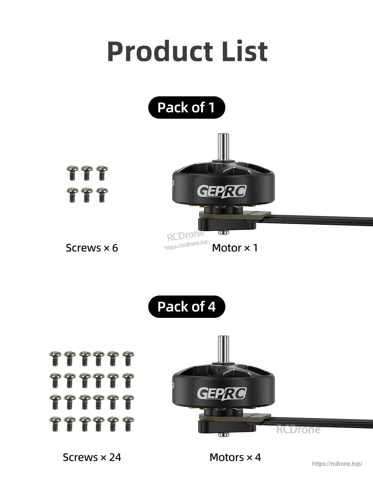 GEPRC SPEEDX2 1003 14800KV Brushless Motor, GEPRC motor packs: 1 motor + 6 screws (single), or 4 motors + 24 screws (four-pack).