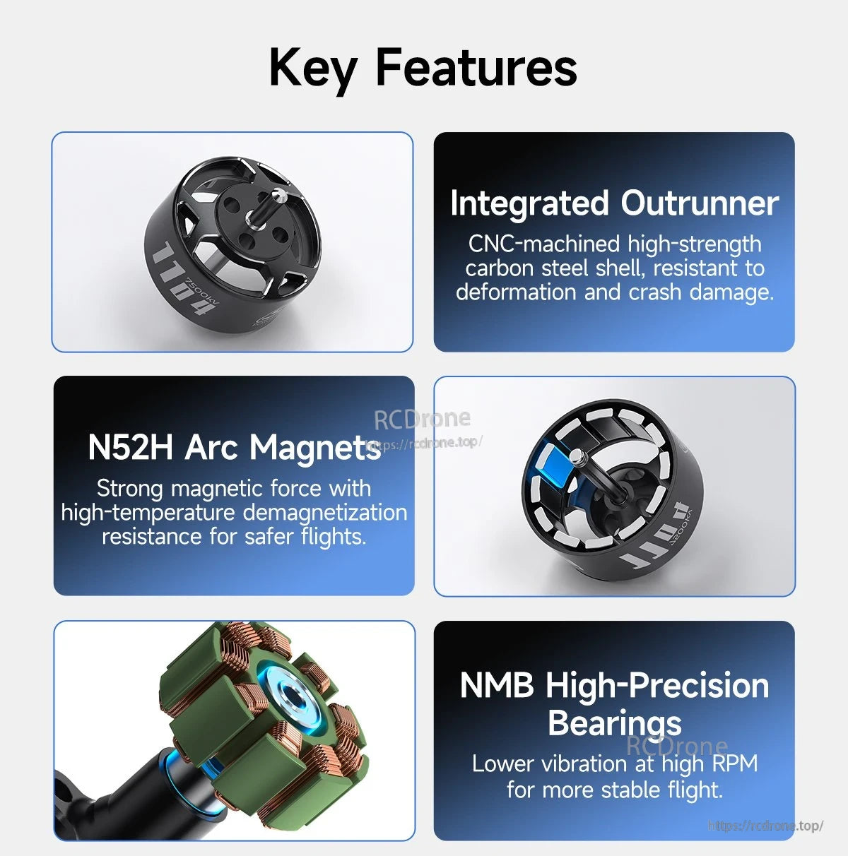 GEPRC SPEEDX2 1104 7500KV Motor, Integrated outrunner with N52H magnets and precision bearings ensures strong magnetic force, heat resistance, low vibration, and stable flight.
