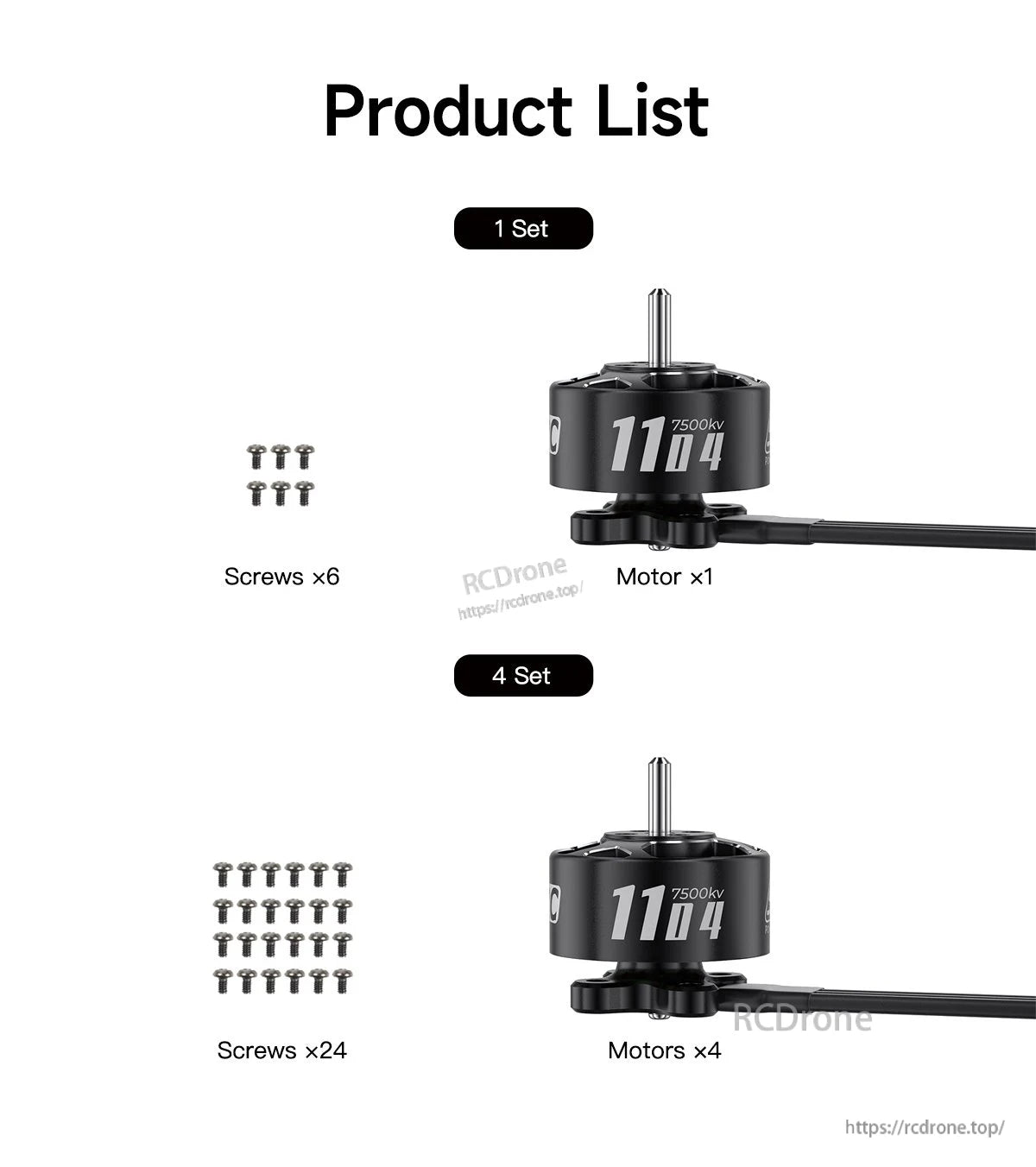 GEPRC SPEEDX2 1104 7500KV Motor, Each set includes one 1104 7500kv motor and six screws; four sets contain four motors and 24 screws.