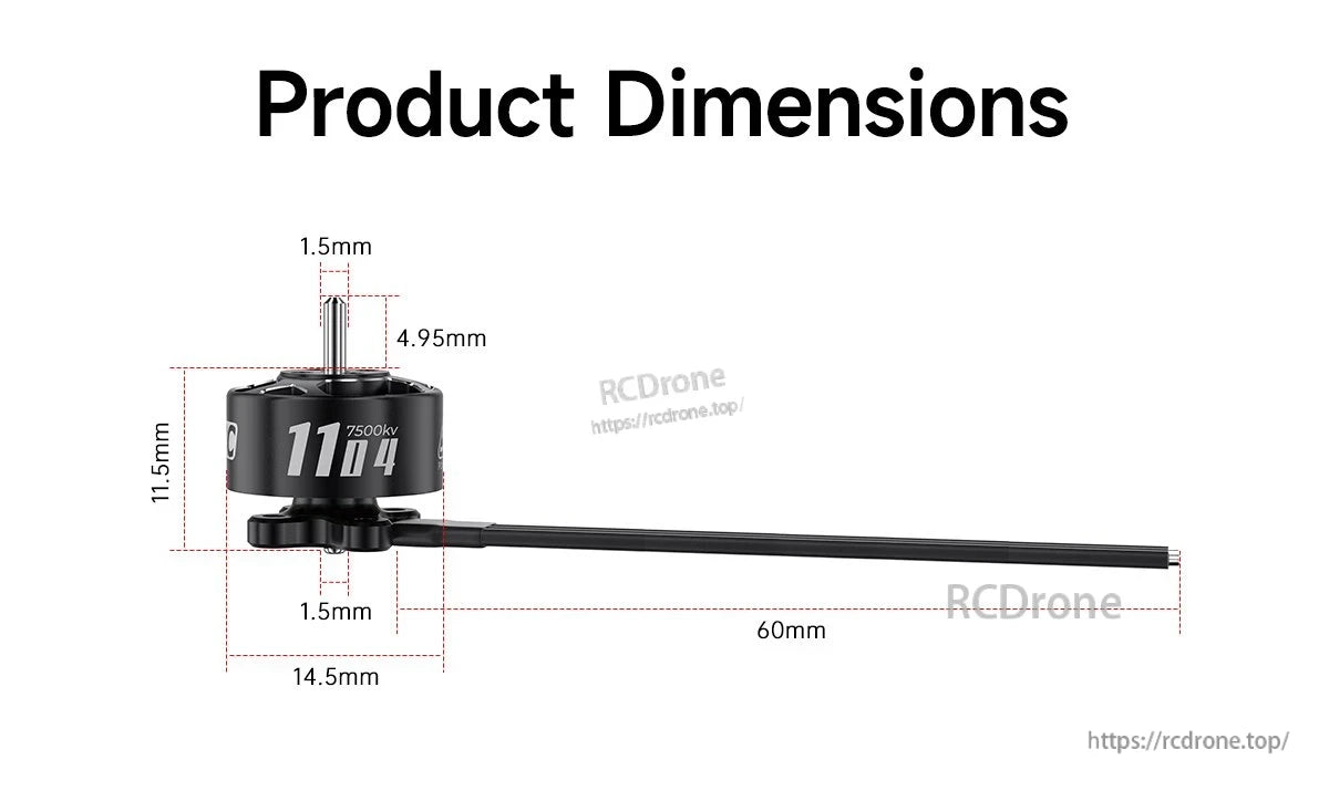 GEPRC SPEEDX2 1104 7500KV Motor, Model 1104 motor: 11.5mm H, 14.5mm W, 60mm shaft (1.5mm dia), 4.95mm top pin, 7500KV rated.