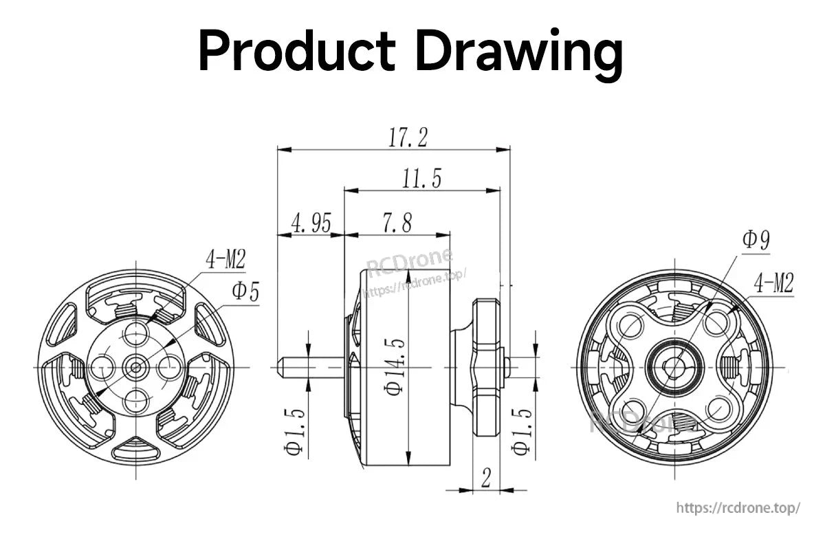 GEPRC SPEEDX2 1104 7500KV Motor, Motor drawing: 17.2mm long, 14.5mm dia., M2 holes, 1.5mm shaft, 9mm & 5mm features.