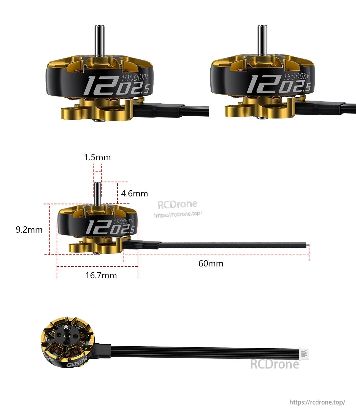 GEPRC SPEEDX2 1202.5 motors: 10K/15K KV, 9mm, 4.53g, M2 mount.