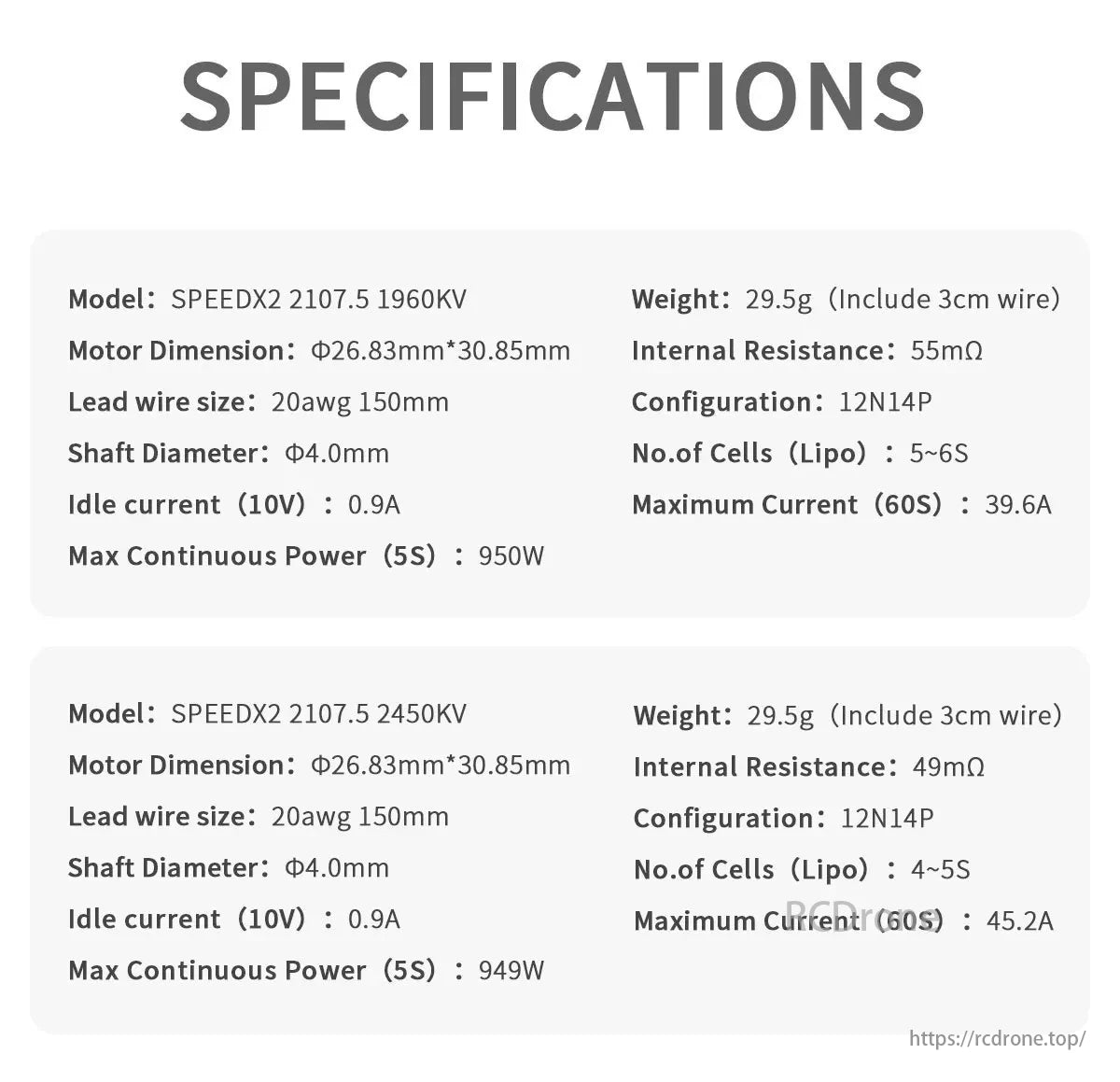 GEPRC SpeedX2 Motors: 2107.5 size, 29.5g, 20awg wire, 4mm shaft. Two models with high power and efficiency - 1960KV (39.6A max) and 2450KV (45.2A max).