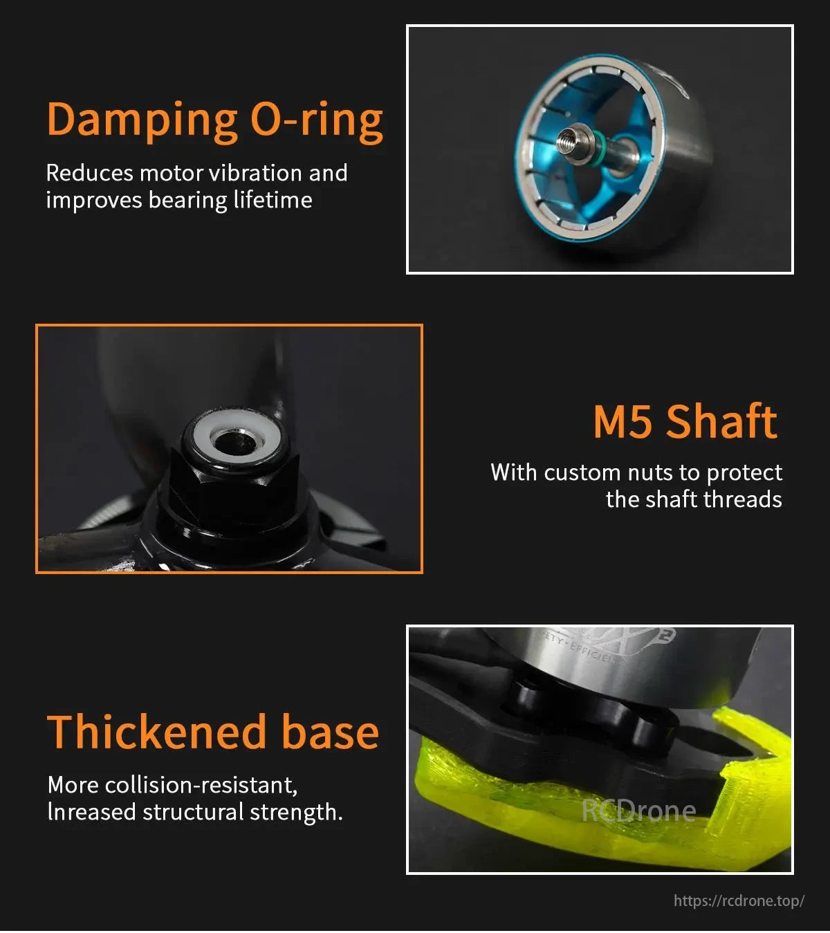 GEPRC Speedx2 Motor, Damping O-ring, M5 shaft with custom nuts, thickened base enhance motor stability and structural strength.