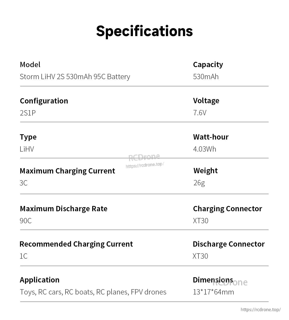 GEPRC Storm 2S 530mAh 90C LiHV Battery, The Storm LiHV 2S 530mAh 95C battery offers high power, efficiency, and lightweight design for demanding RC and FPV applications.