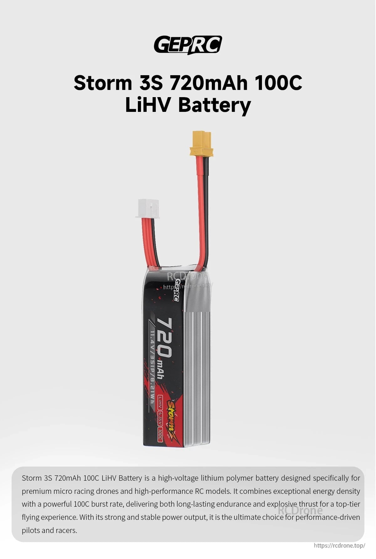 GEPRC Storm 3S 720mAh 100C LiHV Battery, High-capacity battery for micro RC drones with 720mAh capacity and 100C discharge rate.