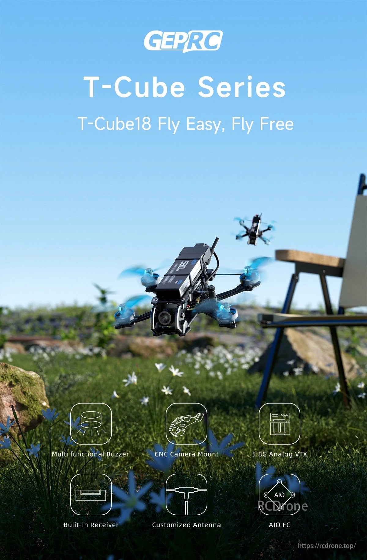 GEPRC T-Cube18 FPV Drone, GEPRC T-Cube18 drone features a buzzer, CNC camera mount, 5.8G VTX, receiver, antenna, and AIO FC for easy and free flying.