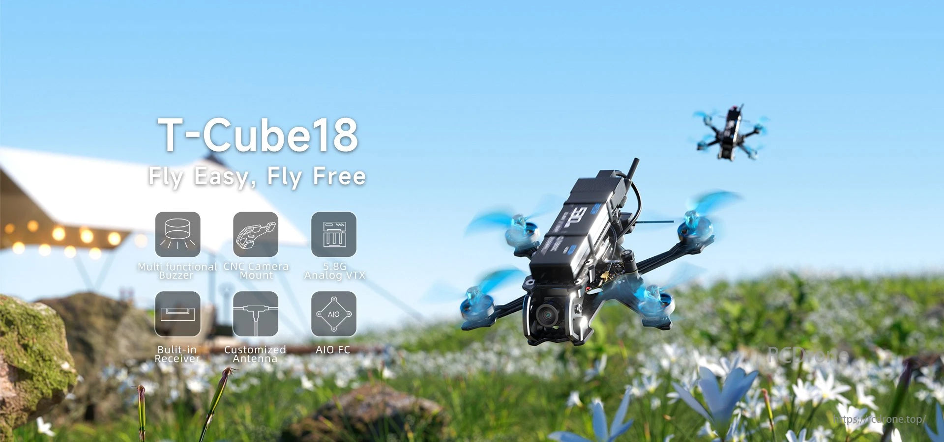 GEPRC T-Cube18 FPV drone features buzzer, CNC mount, 5.8G VTX, receiver, antenna, and AIO FC for easy and free flying.
