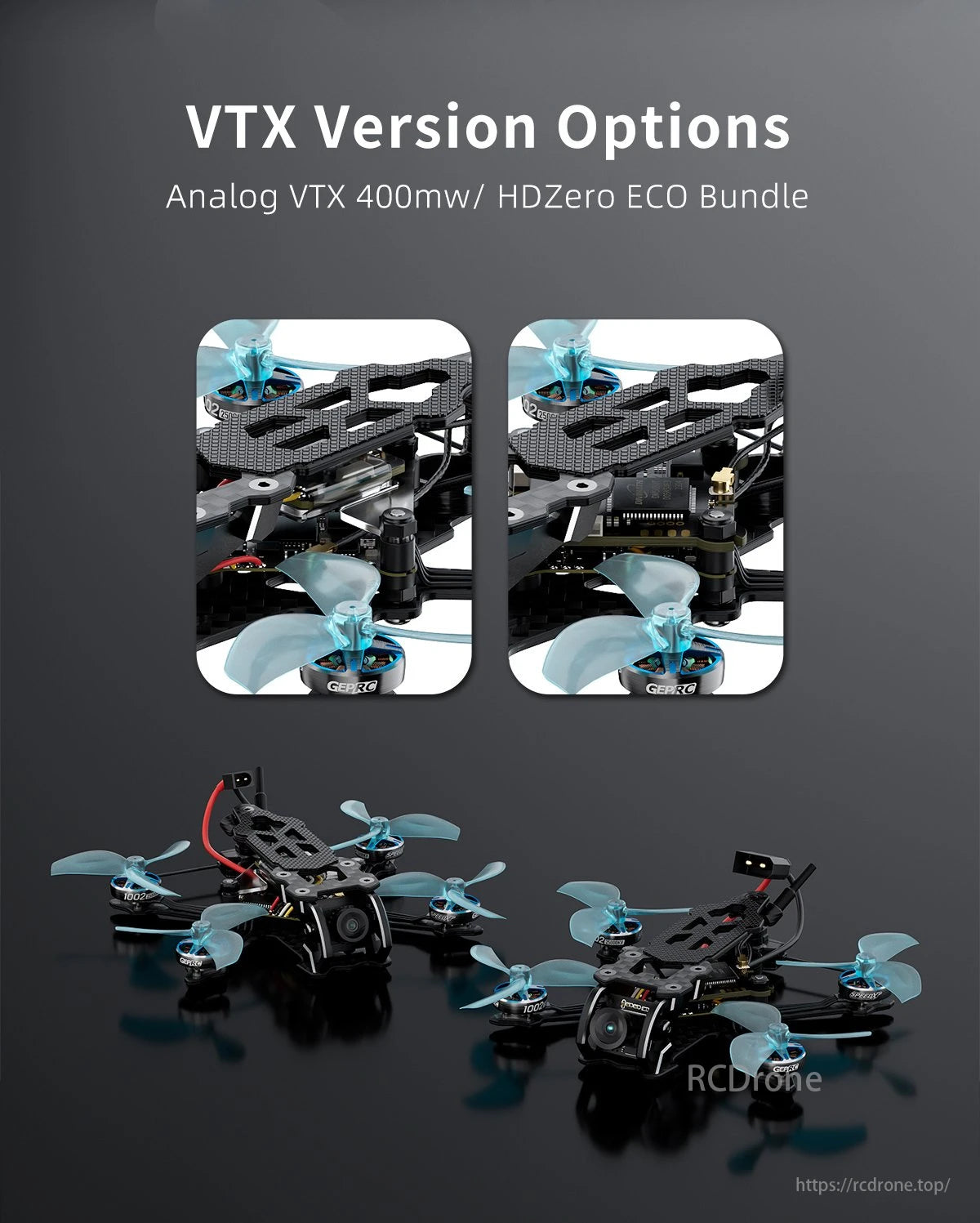 VTX Options: 400mw Analog/HDZero ECO for GEPRC T-Cube18 FPV Drone.