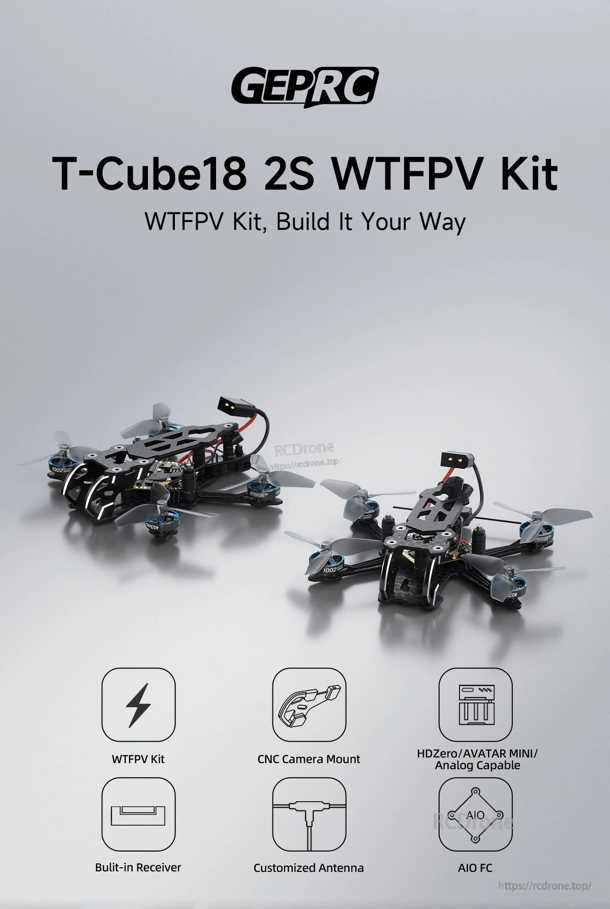 The GEPRC T-Cube18 2S WTFPV Kit offers customizable FPV drone building with CNC mount, HDZero support, built-in receiver, custom antenna, and AIO FC.