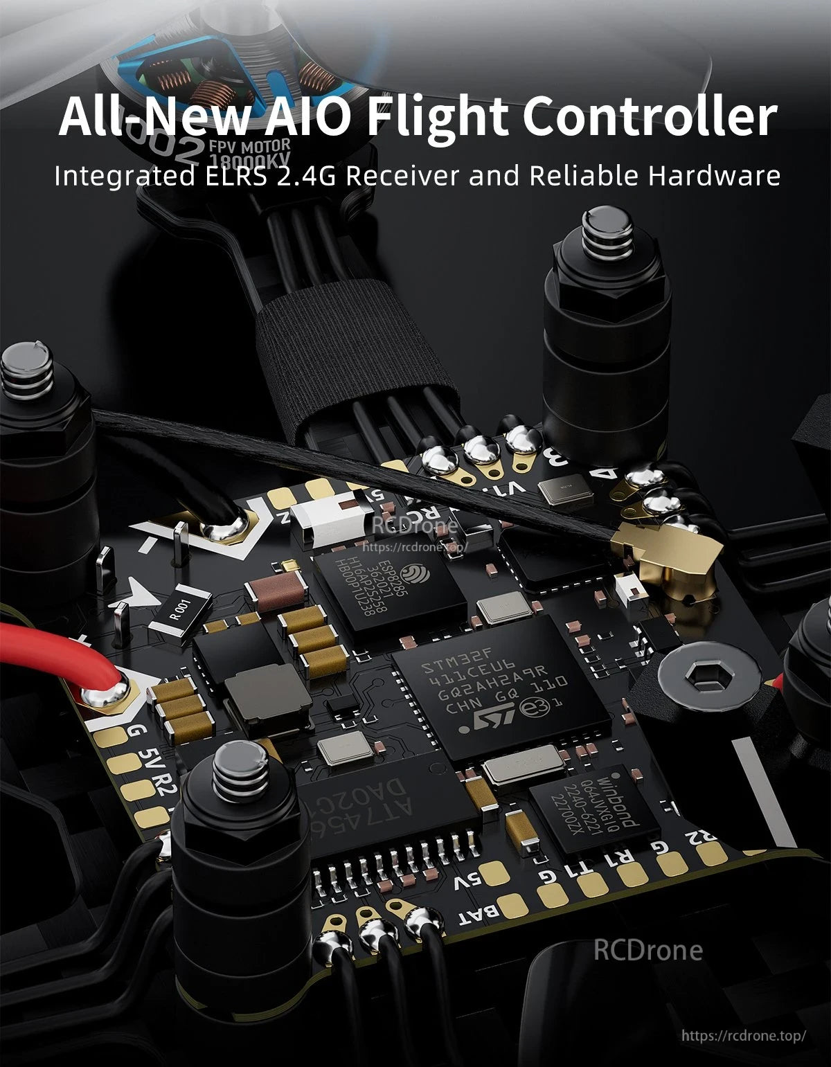 GEPRC T-Cube18 2S WTFPV, Close-up of GEPRC T-Cube18 AIO flight controller board with integrated ELRS 2.4G receiver and solder pads