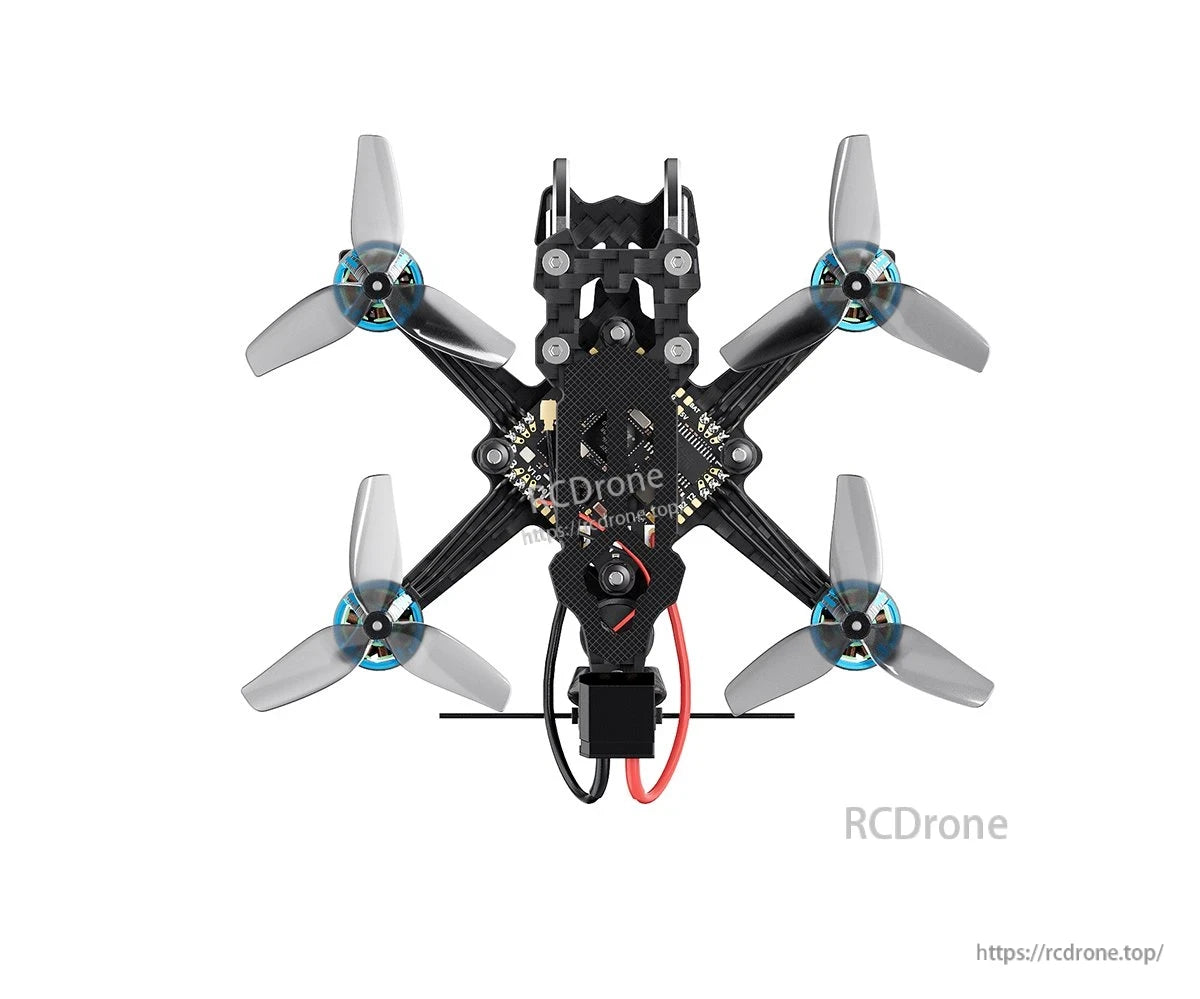 GEPRC T-Cube18 2S WTFPV, Top view of GEPRC T-Cube18 2S FPV quadcopter with carbon frame, four translucent tri-blade props and battery lead
