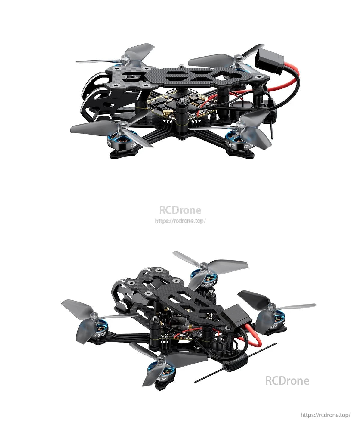 GEPRC T-Cube18 2S WTFPV, GEPRC T-Cube18 2S micro FPV quadcopter with carbon fiber top plate, four gray props, and XT30 battery lead