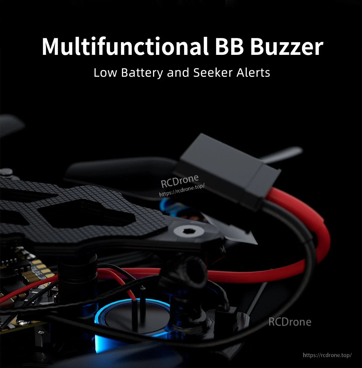 GEPRC T-Cube18 2S WTFPV, Multifunctional BB buzzer on an FPV drone build, with low battery and seeker alert text shown above