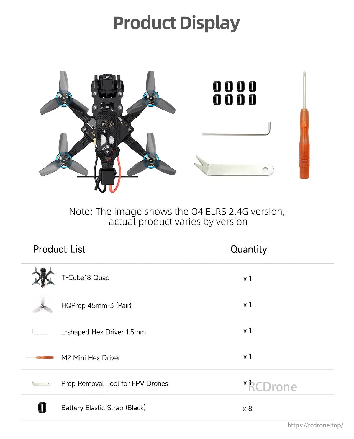 GEPRC T-Cube18 FPV Drone, GEPRC T-Cube18 HD drone with 87mm wheelbase, featuring quadcopter, HQProp propellers, tools, straps; version may vary from O4 ELRS 2.4G.