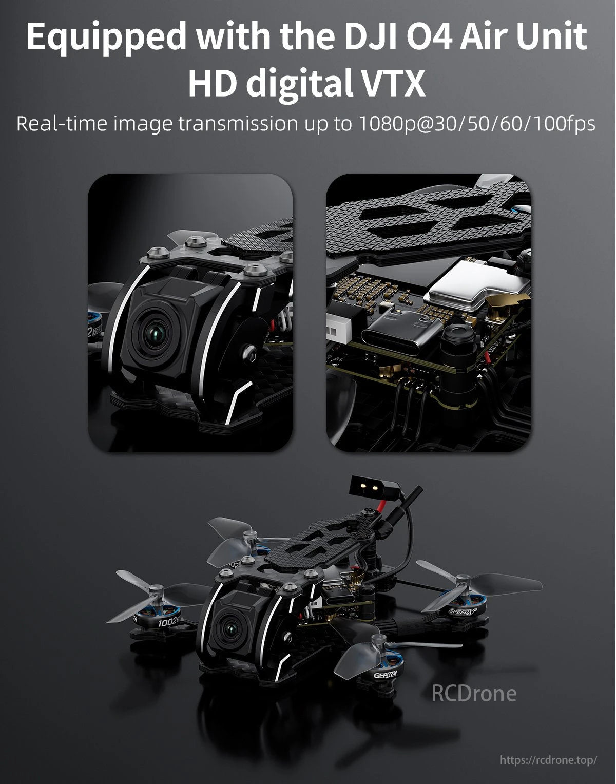 GEPRC T-Cube18 FPV Drone, DJI O4 Air Unit VTX provides 1080p real-time transmission at up to 100fps, enhancing drone video performance.