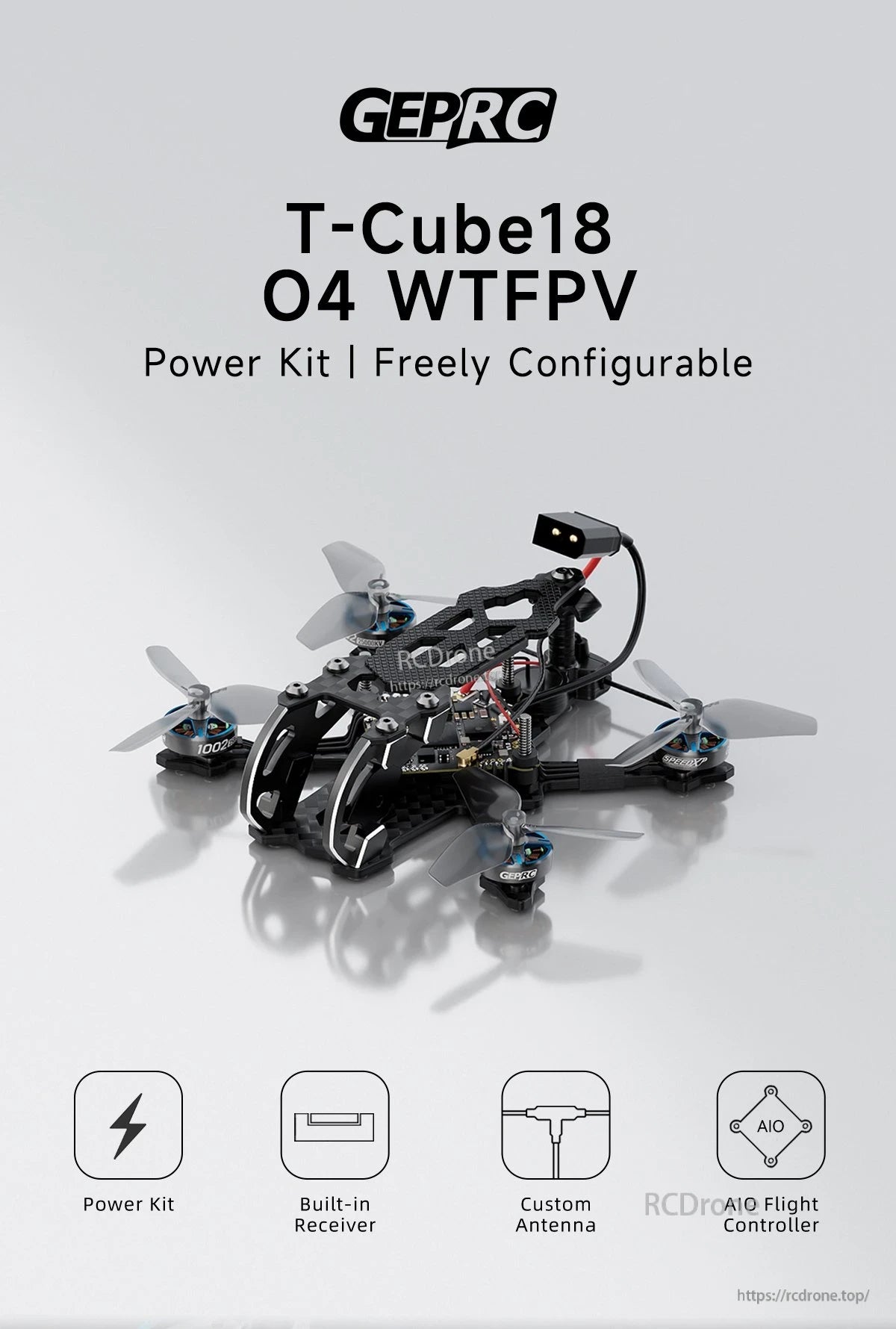 GEPRC T-Cube18 O4 WTFPV, GEPRC T-Cube18 drone power kit with ELRS 2.4G AIO FC, suitable for FPV flying.