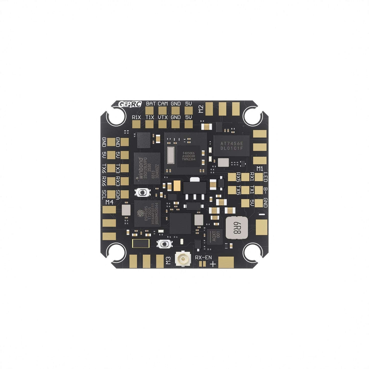 GEPRC AIO flight controller board with labeled solder pads for BAT, CAM, VTX, UART and M1–M4 motor outputs