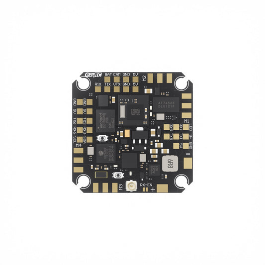 GEPRC AIO flight controller board with labeled solder pads for BAT, CAM, VTX, UART and M1–M4 motor outputs