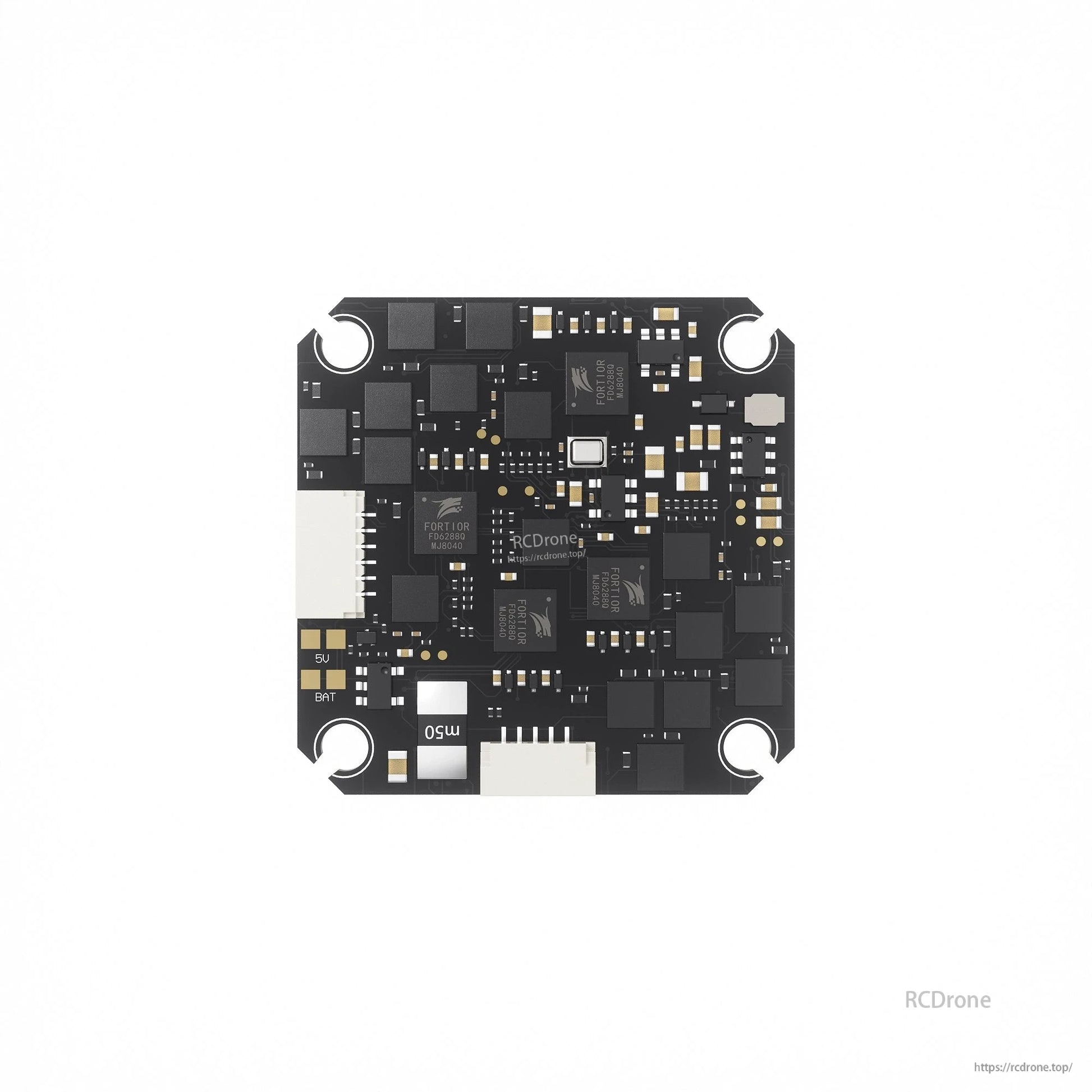 GEPRC TAKER F405 AIO flight controller/ESC board with 4 mounting holes, JST plugs, and 5V/BAT pads