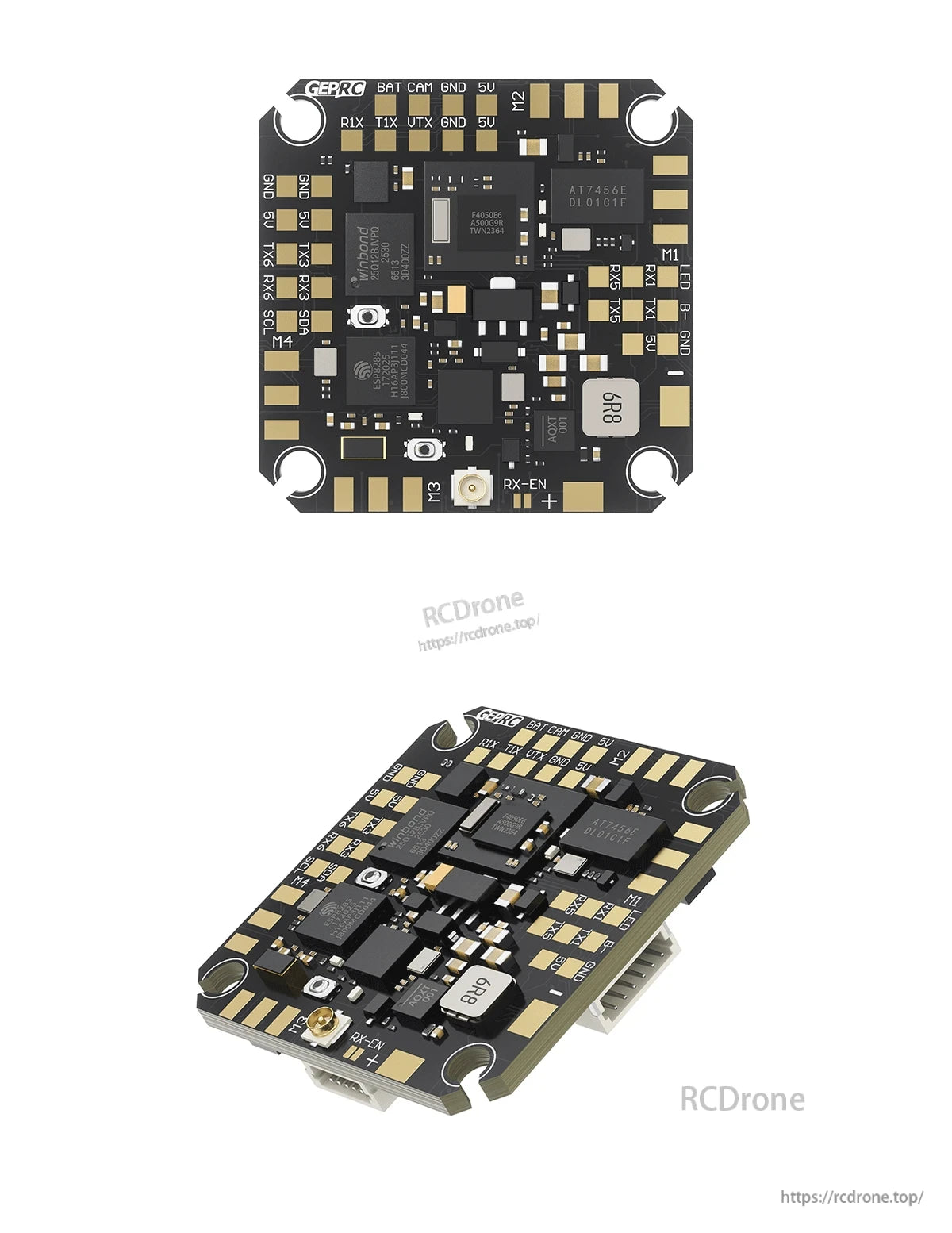 GEPRC TAKER F405 AIO flight controller board with labeled BAT/CAM/5V/GND pads, RX/TX ports, and motor outputs