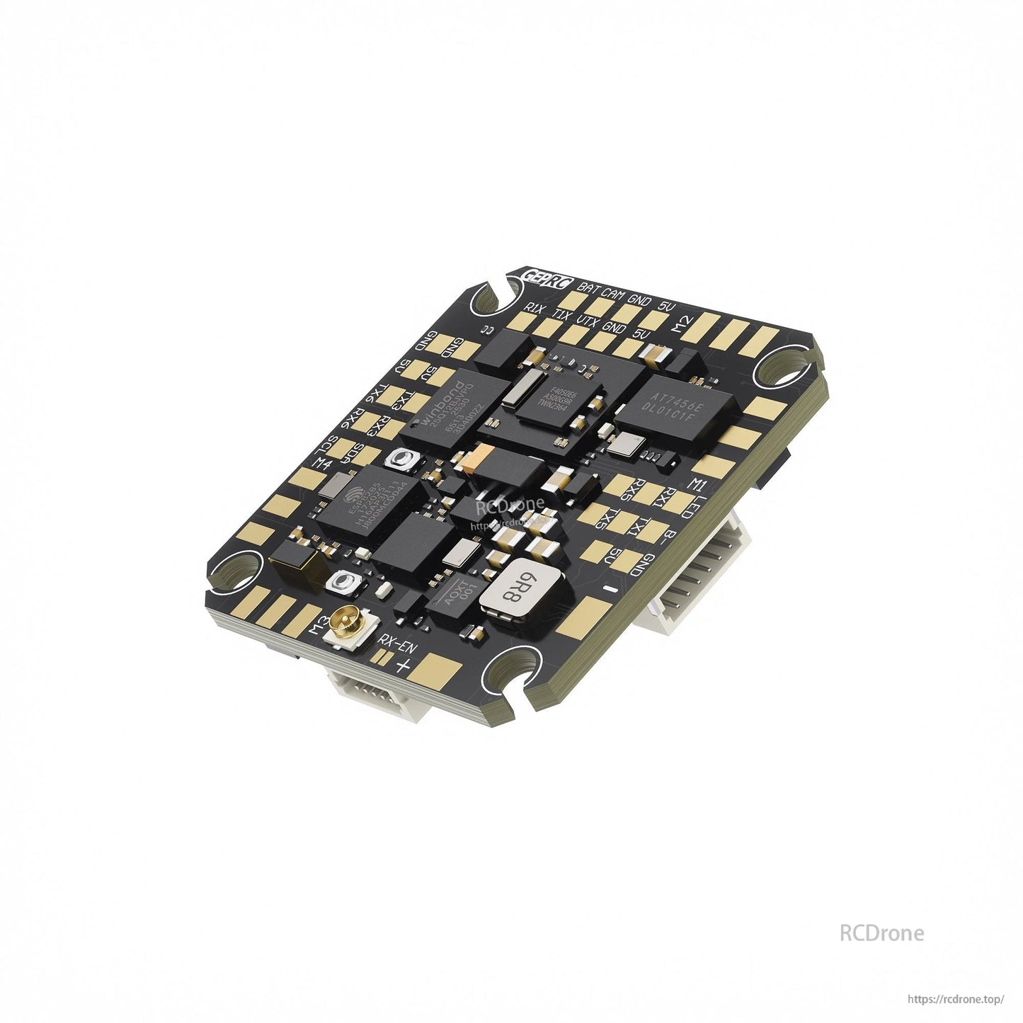 GEPRC TAKER F405 AIO flight controller board with labeled motor pads, BAT/CAM/VTX solder pads and u.FL connector