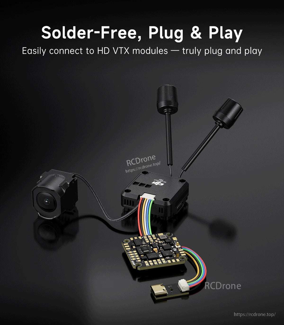 GEPRC TAKER F405 AIO flight controller with plug-and-play wiring harness connected to a DJI HD VTX module and camera