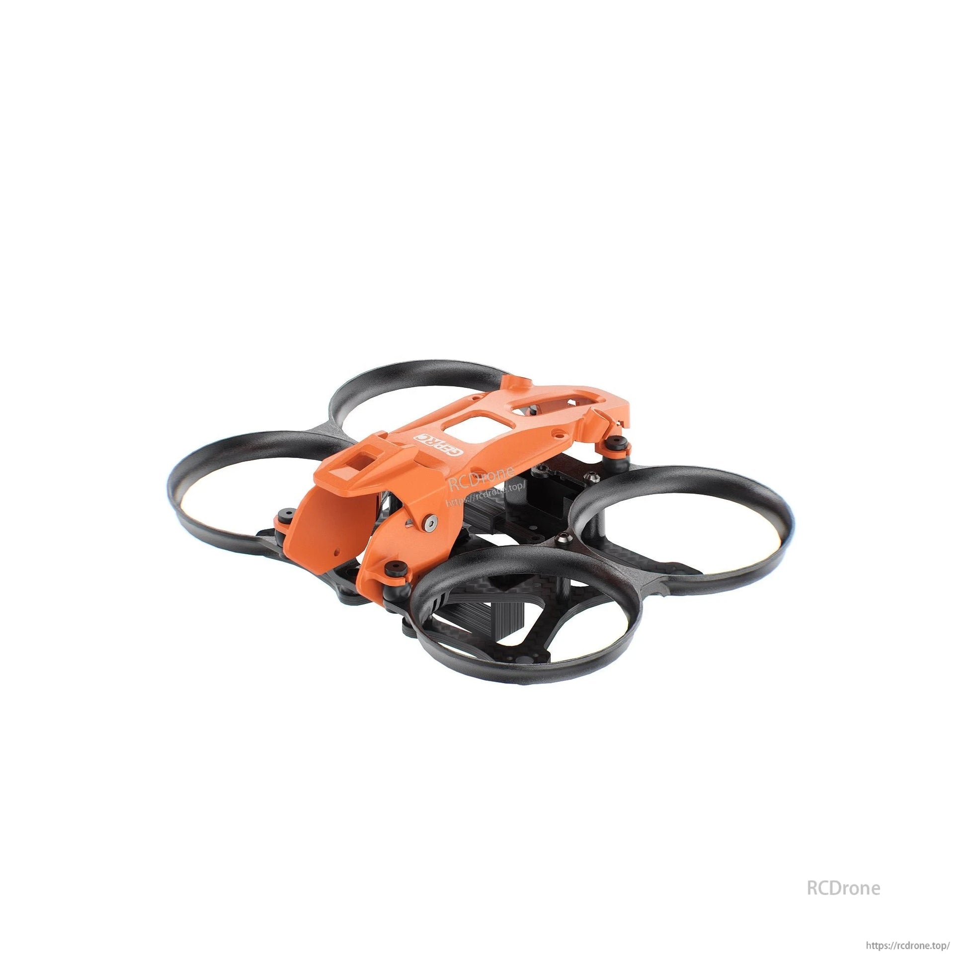 Orange GEPRC ducted cinewhoop FPV drone frame with four prop guards and black carbon base plate