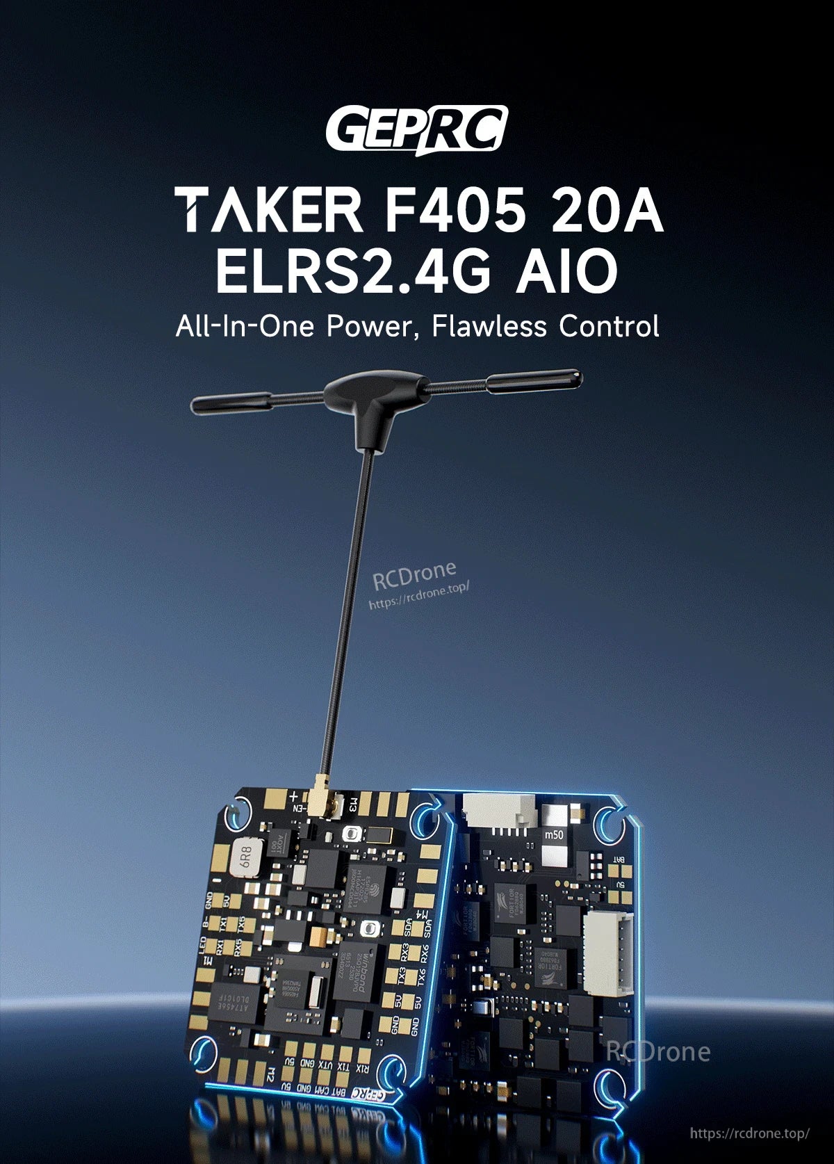 GEPRC TAKER F405 20A ELRS 2.4G AIO flight controller board with installed ELRS antenna and connectors