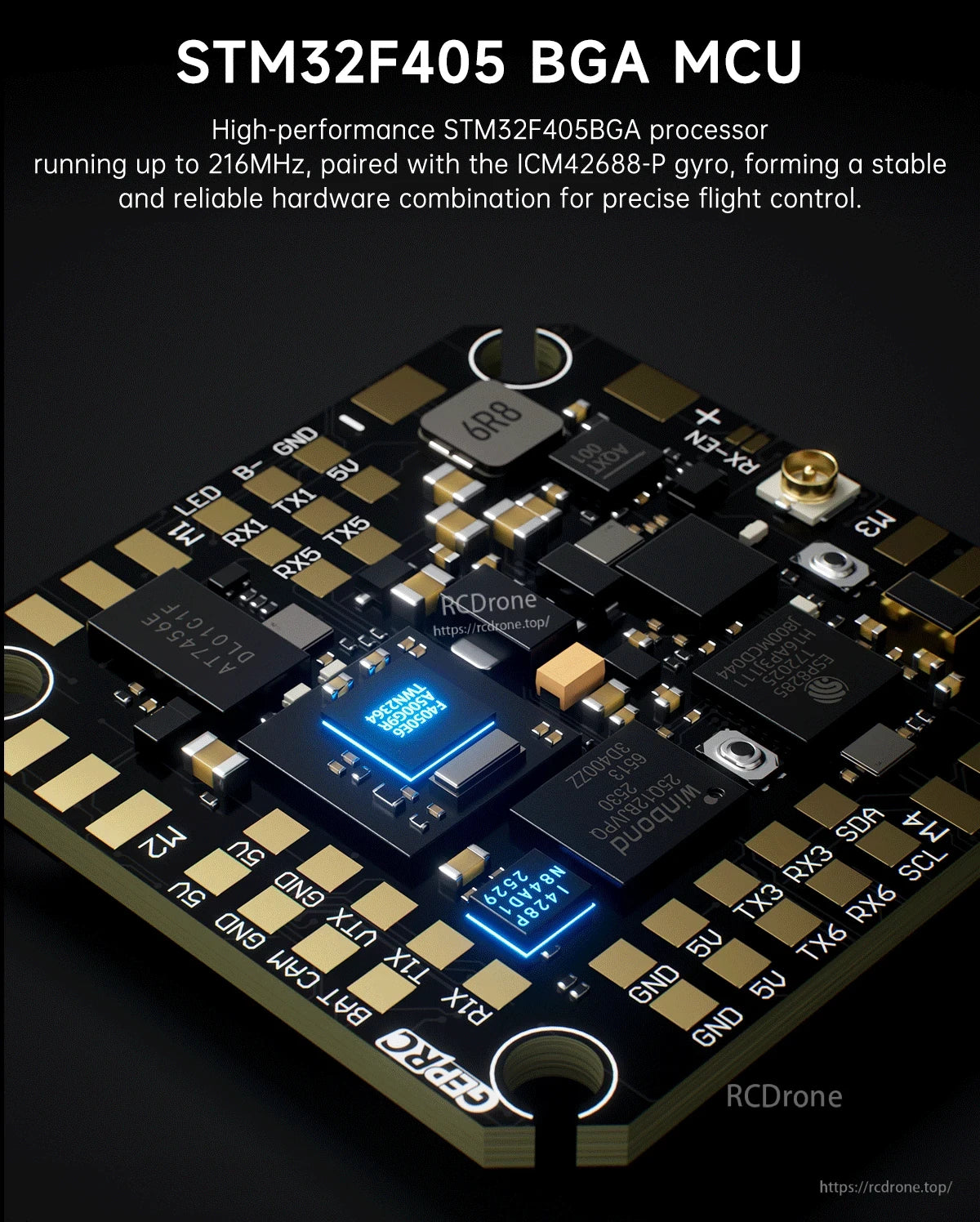 Close-up of GEPRC TAKER F405 AIO flight controller PCB with STM32F405 MCU and ICM42688-P gyro components.