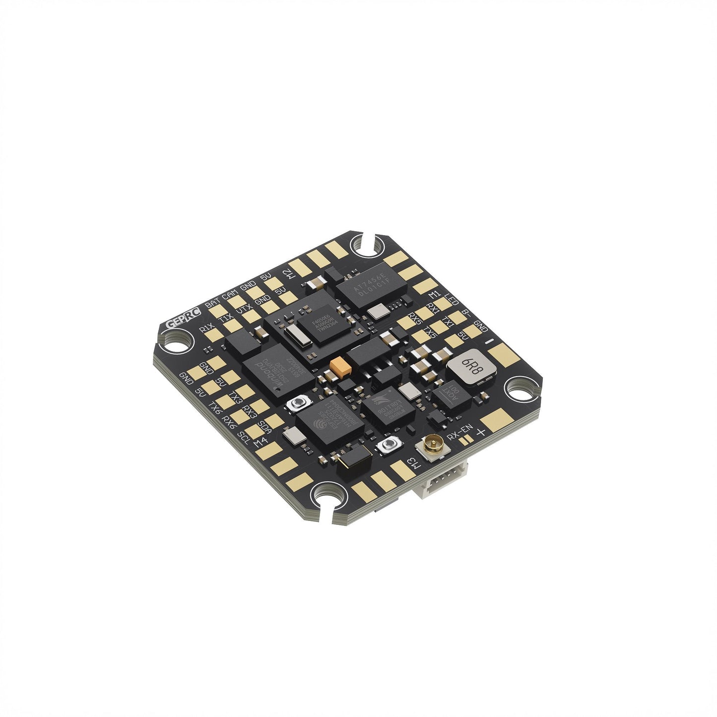 GEPRC TAKER F405 AIO flight controller/ESC board with labeled solder pads, u.FL antenna connector, and plug port