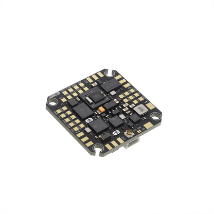 GEPRC TAKER F405 AIO flight controller/ESC board with labeled solder pads, u.FL antenna connector, and plug port