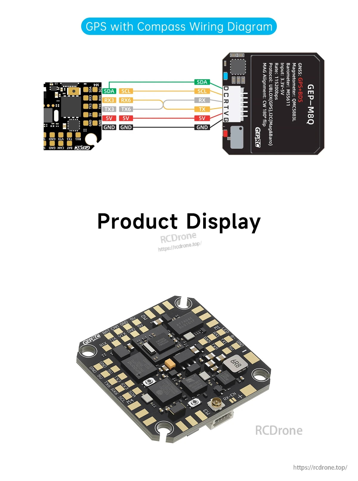 GEPRC TAKER F405 AIO flight controller board with GPS/compass wiring diagram showing SDA/SCL, RX/TX, 5V and GND
