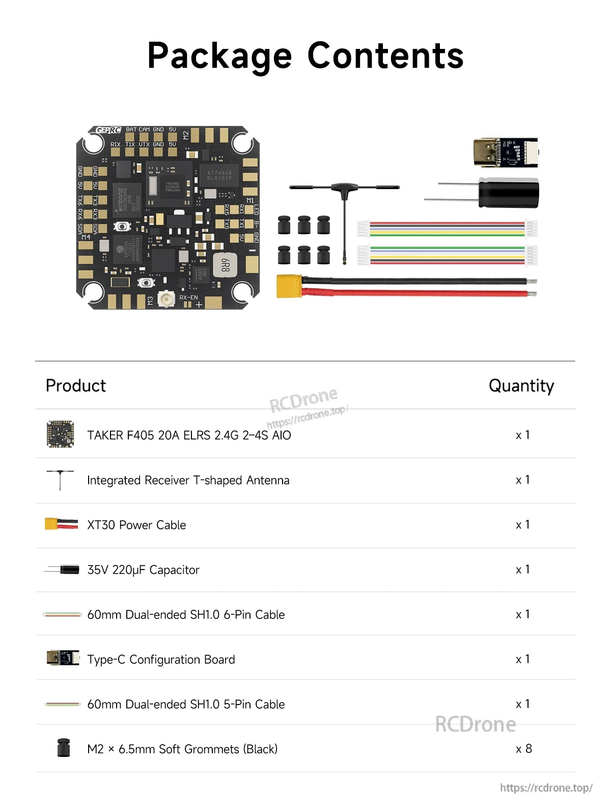 GEPRC TAKER F405 20A ELRS 2.4G 2–4S AIO package contents with antenna, XT30 lead, capacitor and cables
