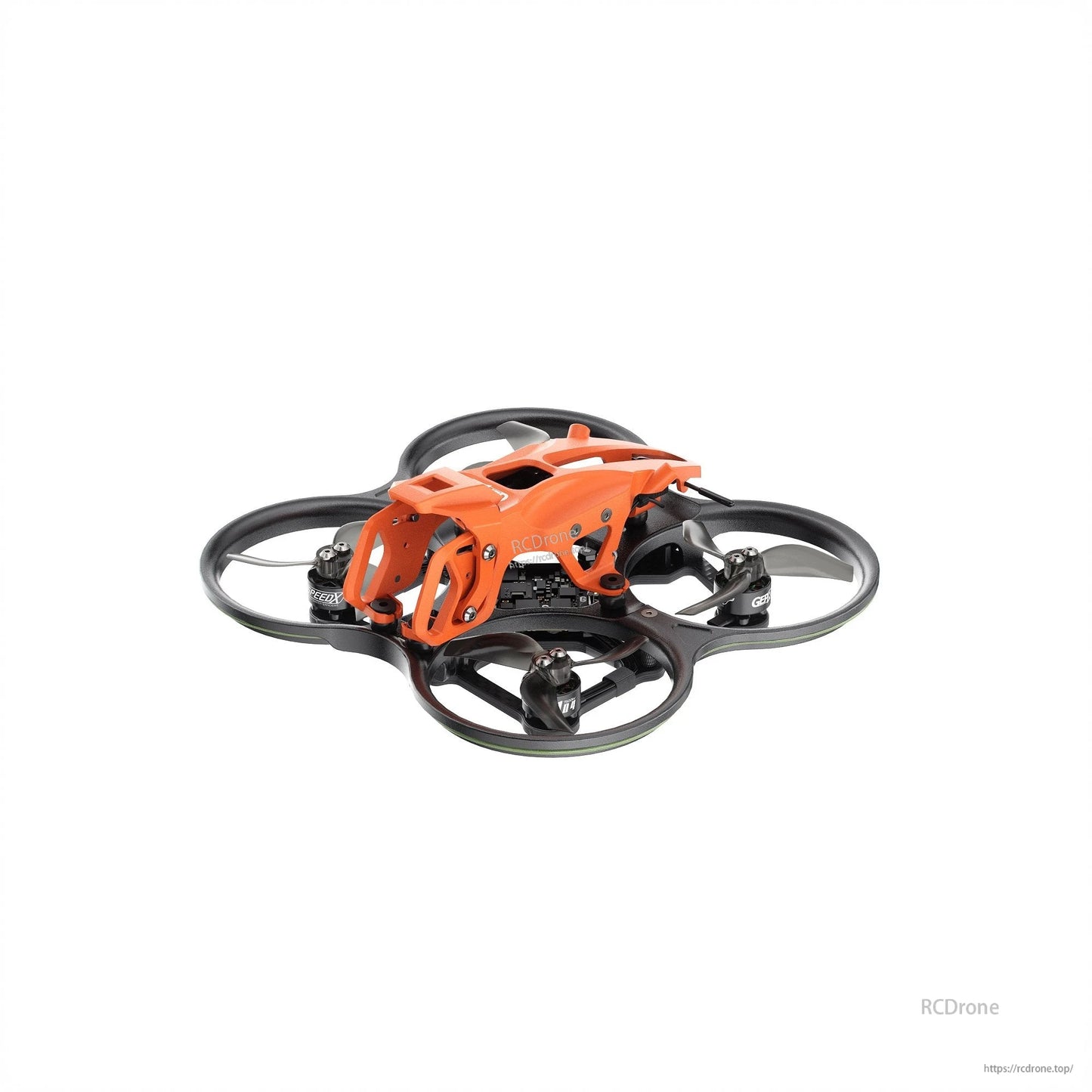 Compact cinewhoop FPV drone with orange protective frame and ducted prop guards on four motors