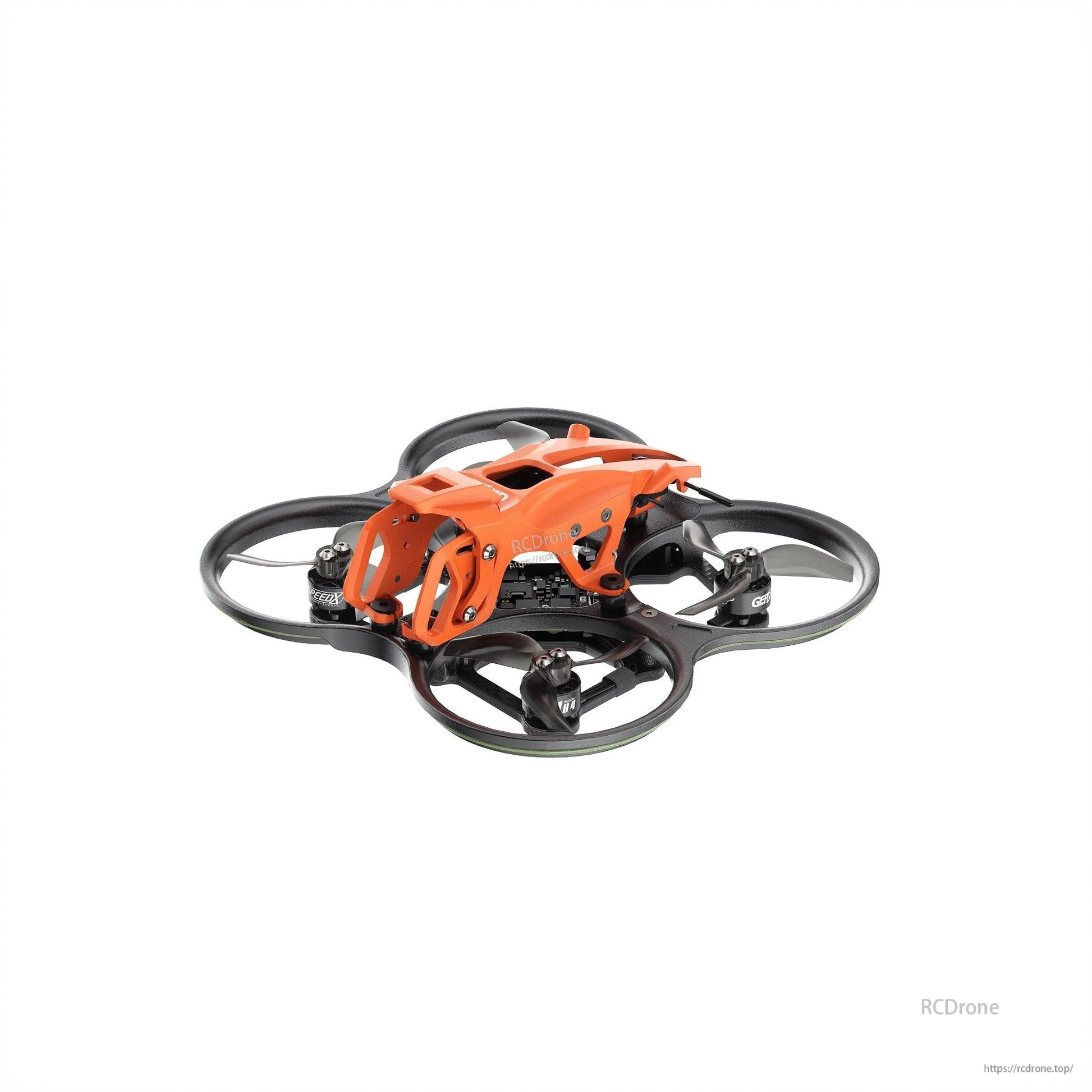 Compact cinewhoop FPV drone with orange protective frame and ducted prop guards on four motors