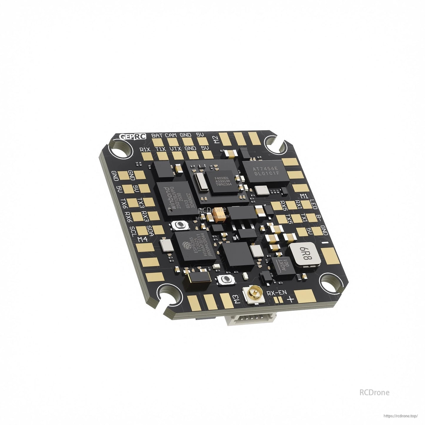 GEPRC TAKER F405 AIO flight controller board with labeled solder pads, RX/TX ports, and U.FL antenna connector