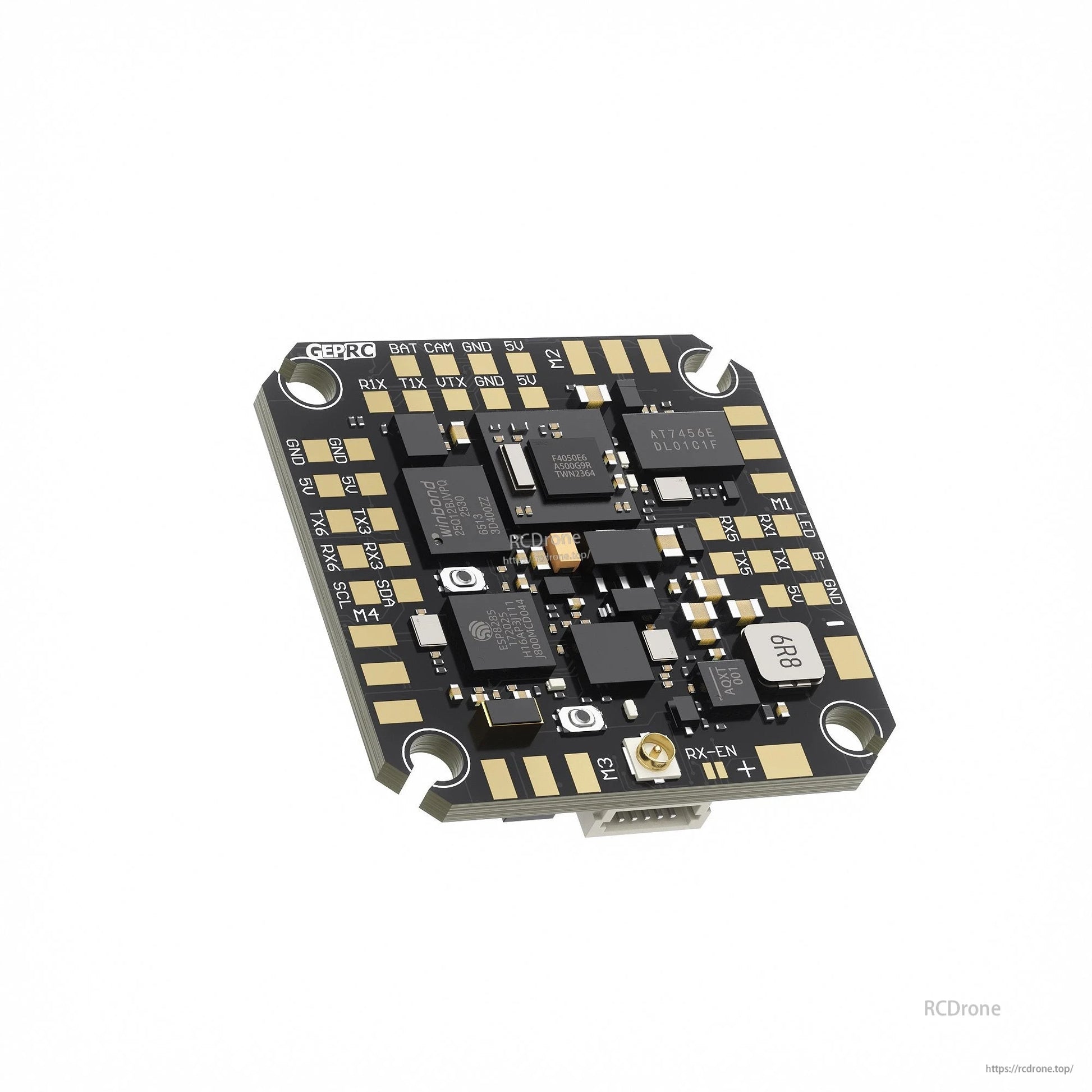 GEPRC TAKER F405 AIO flight controller board with labeled solder pads, RX/TX ports, and U.FL antenna connector