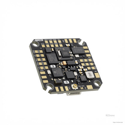 GEPRC TAKER F405 AIO flight controller board with labeled solder pads, RX/TX ports, and U.FL antenna connector