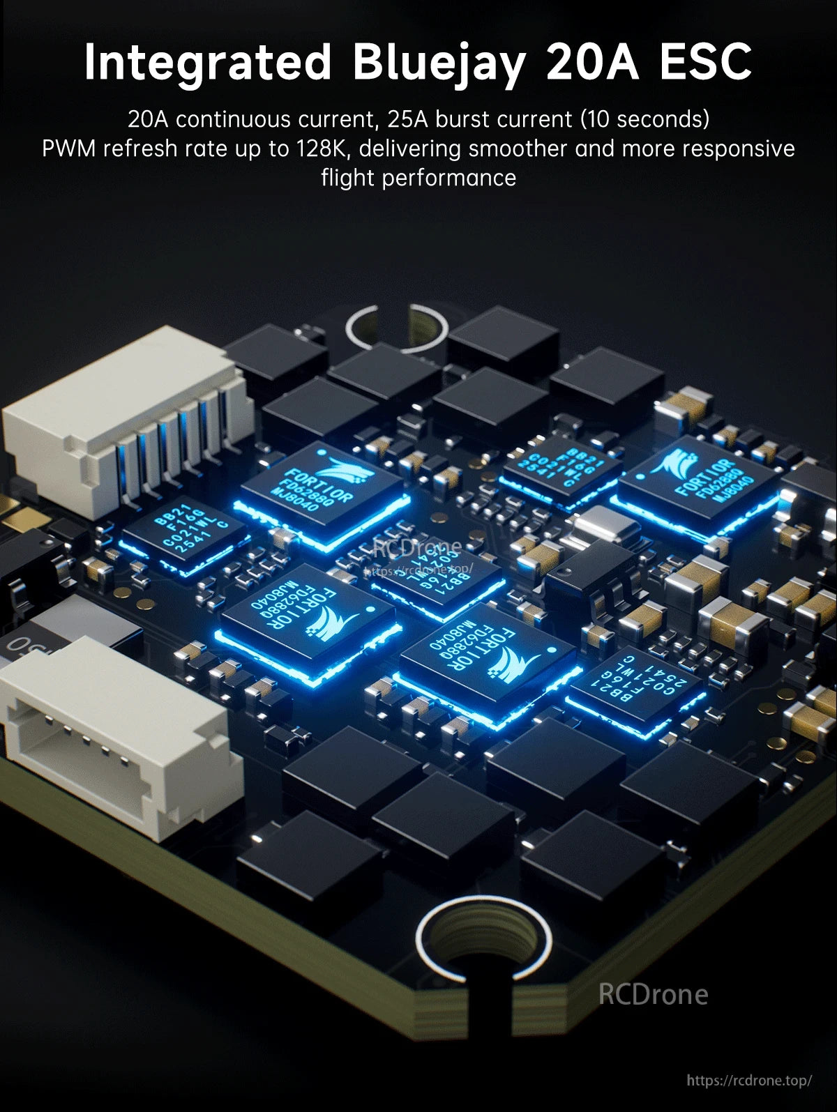 GEPRC TAKER F405 AIO flight controller board detail with integrated Bluejay 20A ESC, 25A burst and 128K PWM