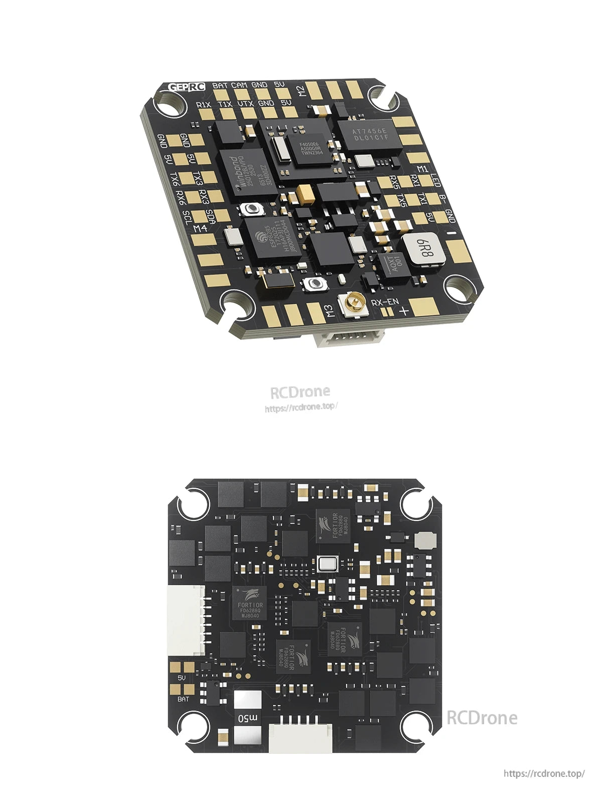 GEPRC TAKER F405 AIO flight controller board, top and bottom views with labeled solder pads and mounting holes