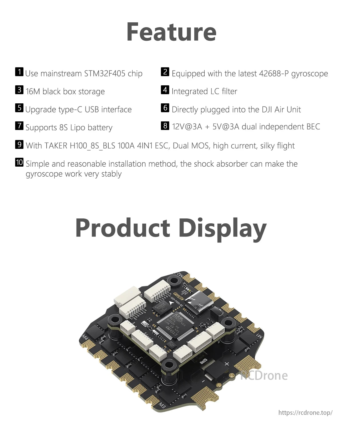 GEPRC TAKER F405 BLS 100A 8S Flight Controller, GEPRC TAKER F405 flight controller features STM32F405, 42688-P gyro, 16M storage, Type-C, 8S Lipo, DJI compatibility, dual BEC, and shock-absorbing gyro.