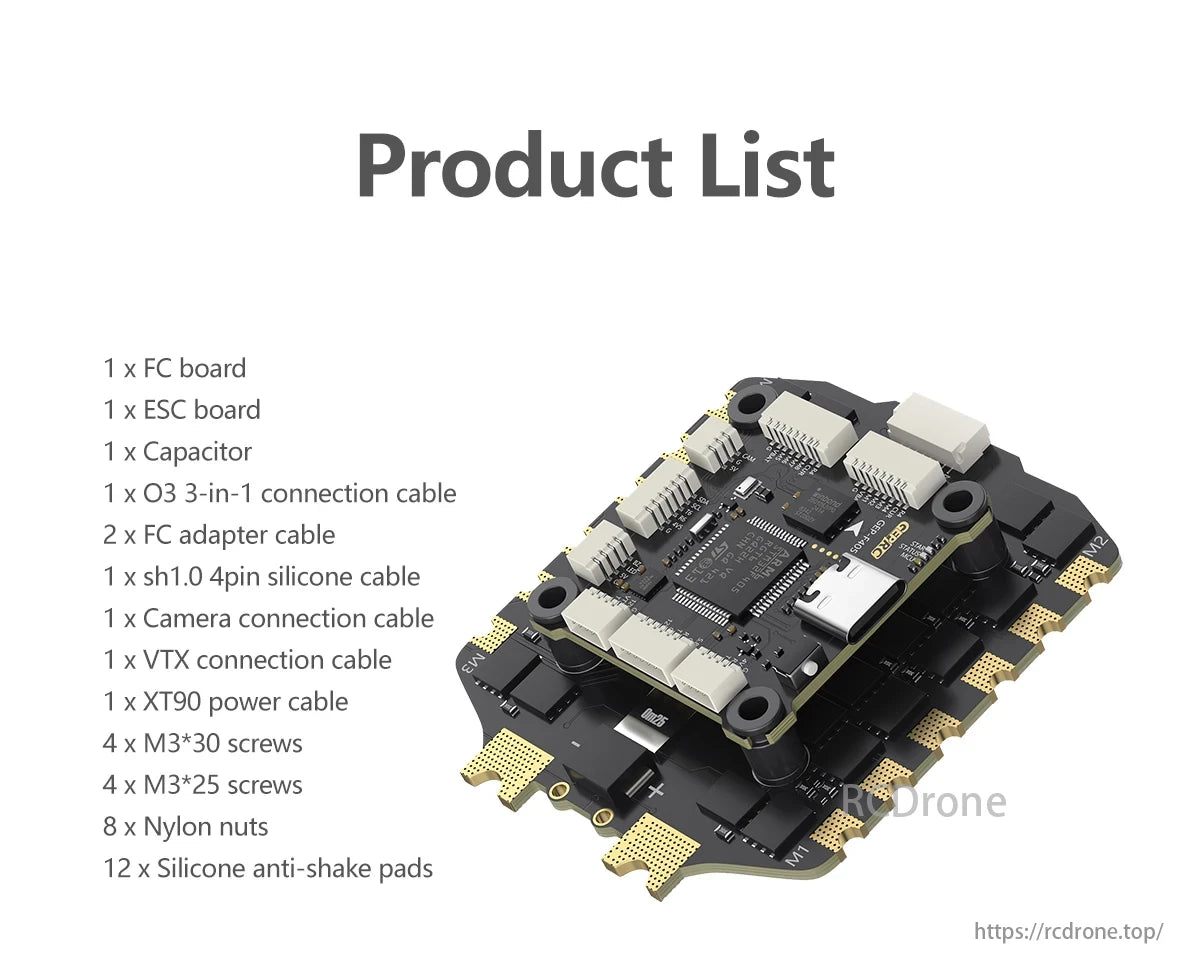 This kit contains all necessary components, like FC board, ESC board, cables, screws, and pads, for efficiently assembling a GEPRC TAKER F405 BLS 100A 8S Flight Controller.