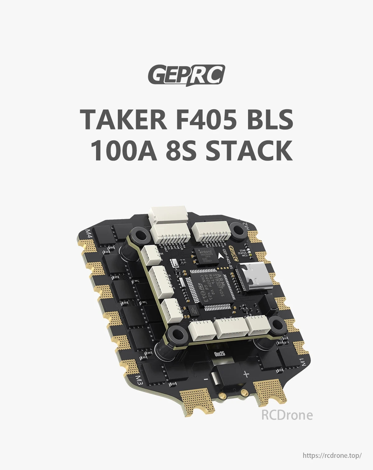 GEPRC TAKER F405 BLS 100A 8S Flight Controller, GEPRC TAKER F405 BLS 100A 8S Stack flight controller with black/gold design and multiple connectors.