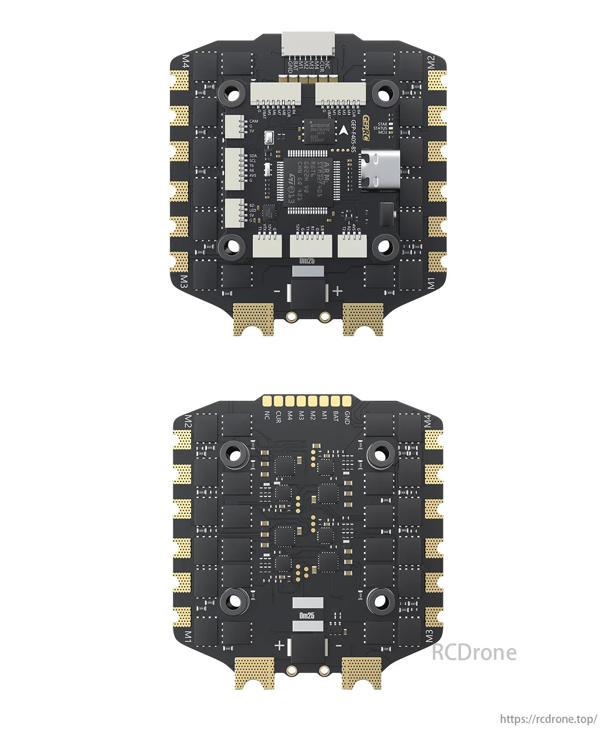 GEPRC TAKER F405 BLS 100A 8S Flight Controller features M1-M4 labels and multiple connectors for versatile drone use.