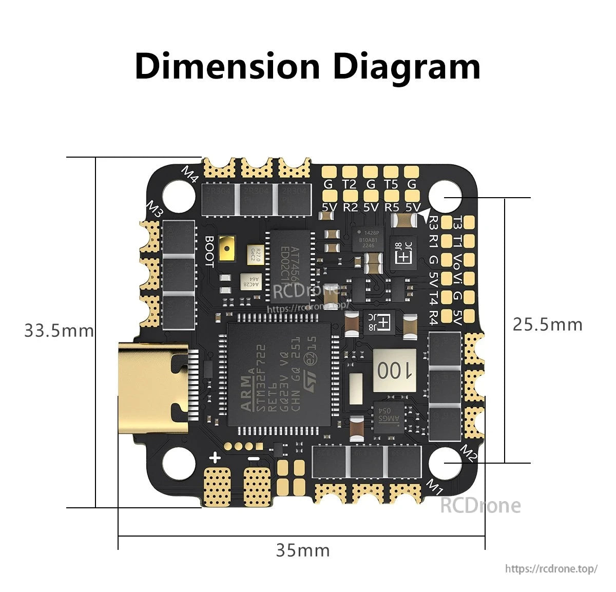 GEPRC TAKER F722 45A 32Bit AIO Flight Controller, GEPRC TAKER F722 AIO FC measures 35×33.5×25.5mm, with labeled parts and mounting holes.