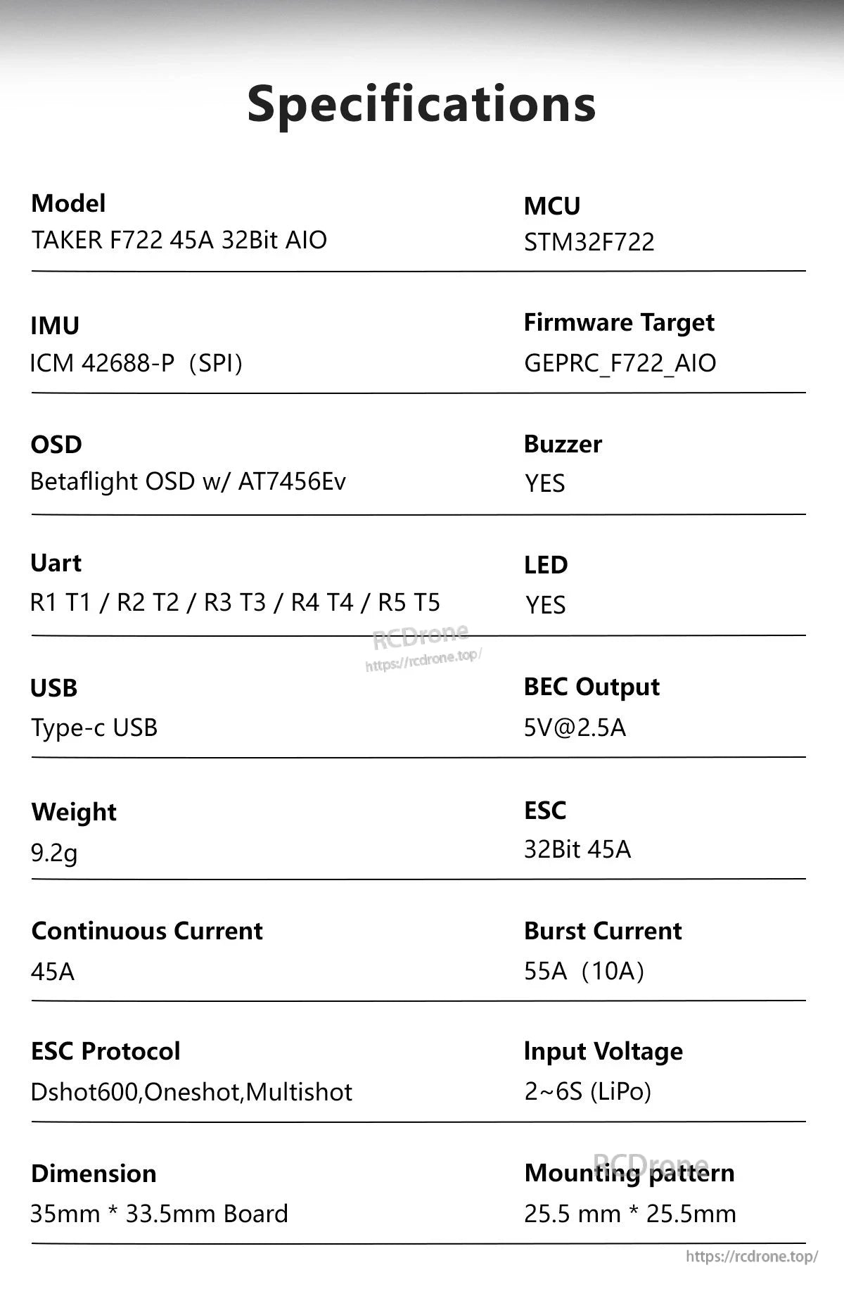 GEPRC TAKER F722 45A 32Bit AIO Flight Controller, Features STM32F722 MCU, ICM42688-P IMU, Betaflight OSD, Type-C USB, 9.2g weight, 45A current, Dshot600, 2–6S LiPo, and 35×33.5mm size.