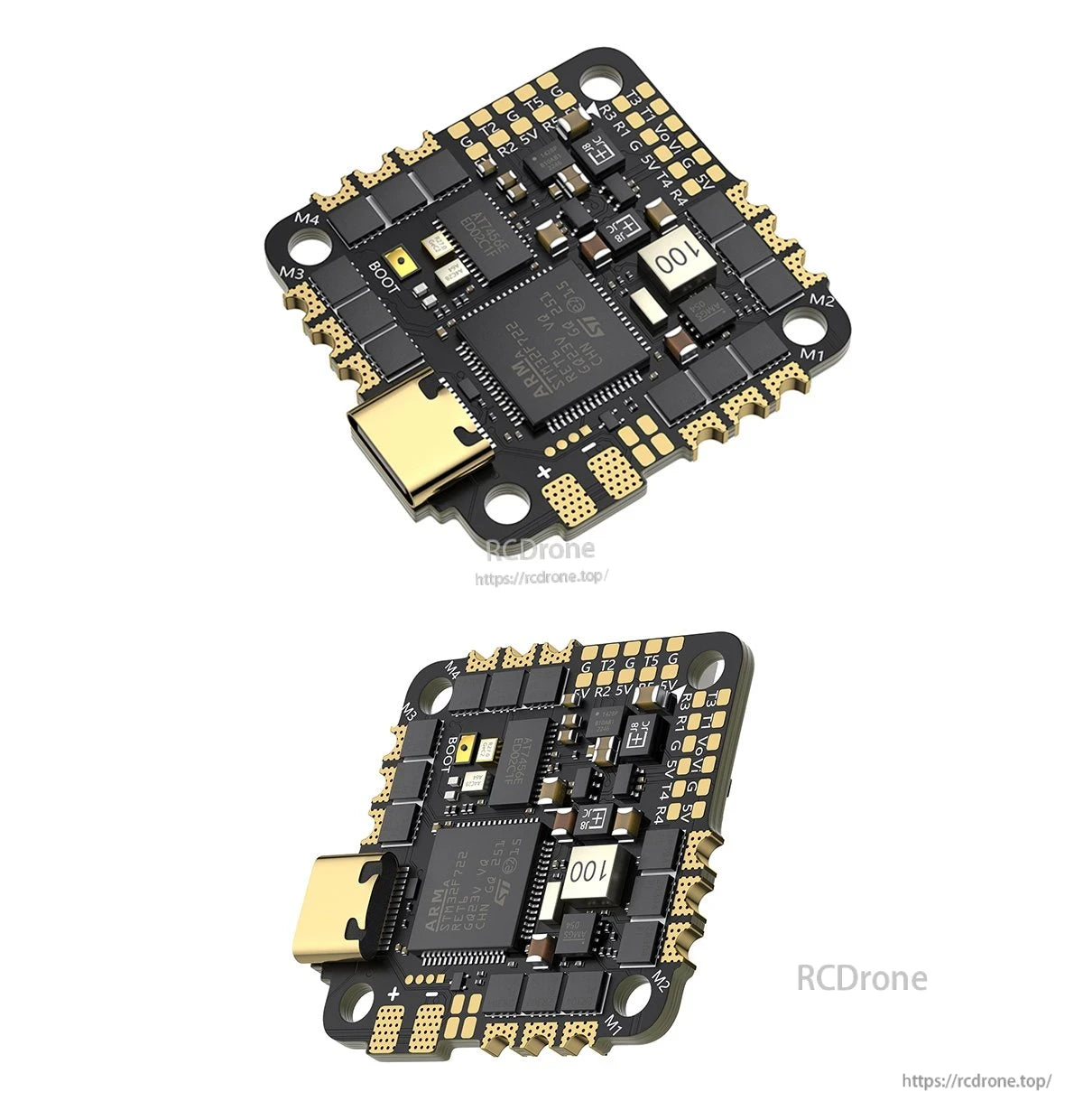 GEPRC TAKER F722 45A 32Bit AIO Flight Controller, GEPRC TAKER F722 is a compact 32-bit AIO flight controller with ARM processor, USB, labeled pins, and mounting holes for drones.