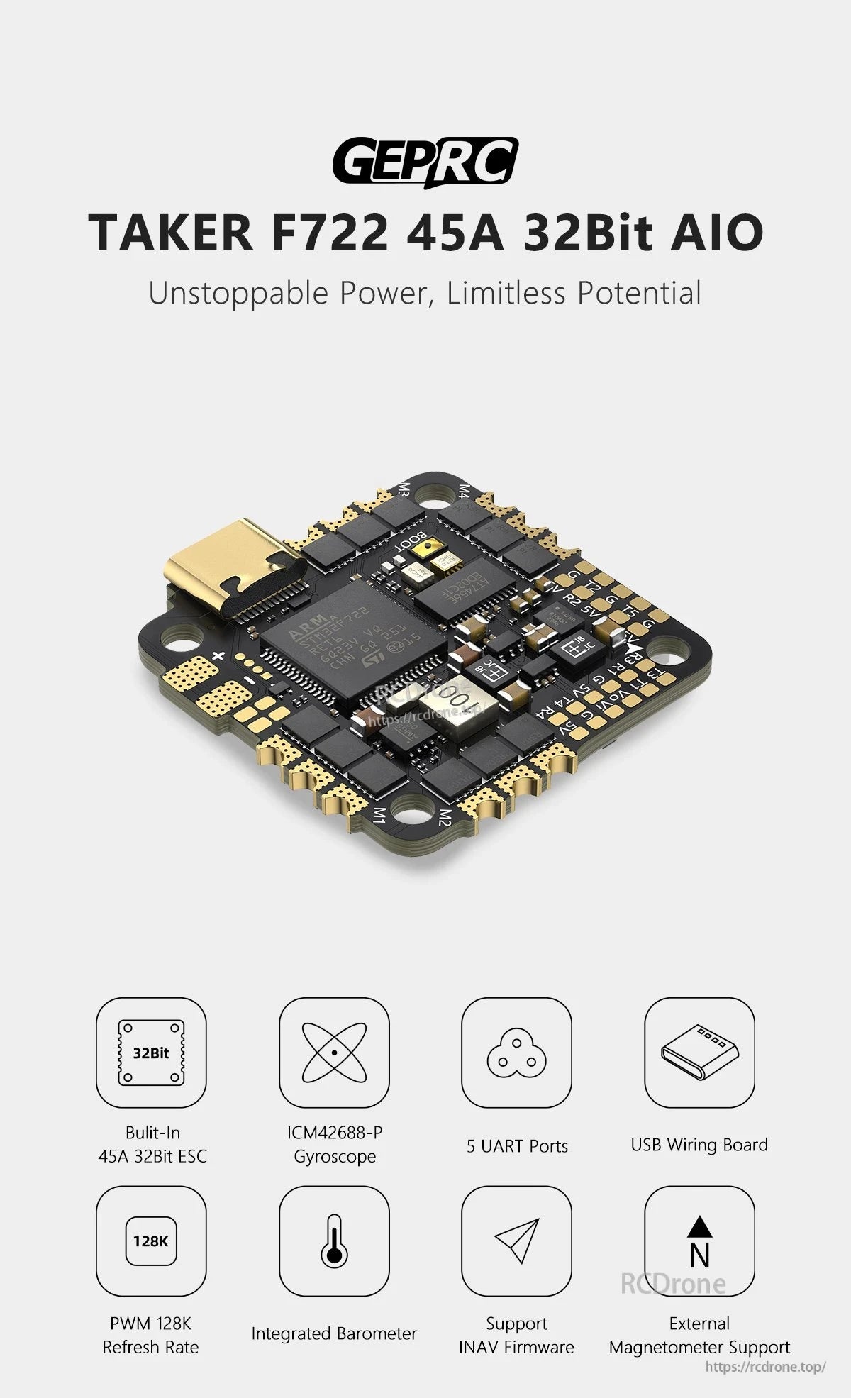GEPRC TAKER F722 45A 32Bit AIO Flight Controller, GEPRC TAKER F722 AIO delivers powerful performance with integrated ESC, sensors, 5 UARTs, USB, 128K PWM, INAV support, and external magnetometer.